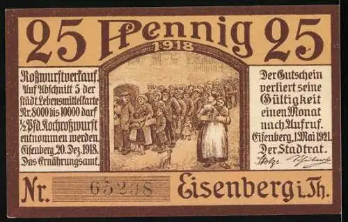 Notgeld Eisenberg 1918, 25 Pfennig, Stadtansicht mit Markt und Bratwurstverkauf, Seriennummer 65298