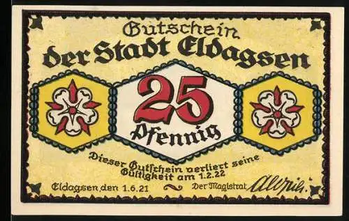 Notgeld Eldagsen, 1921, 25 Pfennig, Gutschein der Stadt Eldagsen, Gebäude und Sprüche