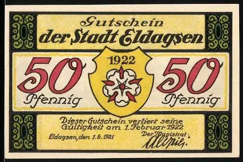 Notgeld Eldagsen, 1922, 50 Pfennig, Gutschein der Stadt Eldagsen mit Stadtansicht und Reim