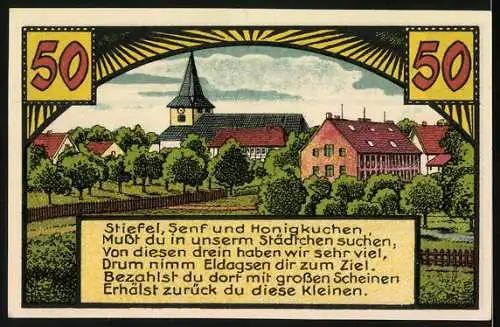 Notgeld Eldagsen, 1922, 50 Pfennig, Gutschein der Stadt Eldagsen mit Stadtansicht und Reim