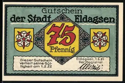 Notgeld Eldagsen, 1921, 75 Pfennig, Gutschein der Stadt Eldagsen mit Stadtwappen und historischer Strassenszene