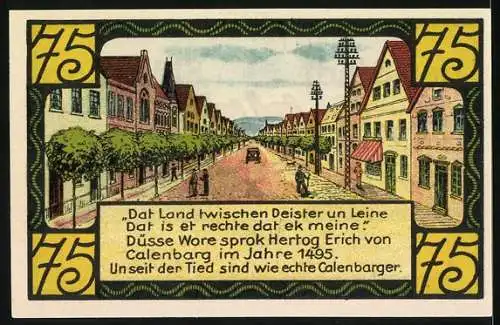 Notgeld Eldagsen, 1921, 75 Pfennig, Gutschein der Stadt Eldagsen mit Stadtwappen und historischer Strassenszene