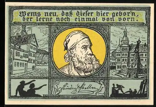 Notgeld Eisenach, 1921, 50 Pfennig, Friedrich Fröbel Porträt und Widmungstext