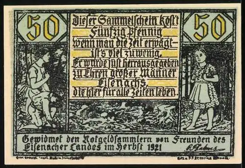 Notgeld Eisenach, 1921, 50 Pfennig, Friedrich Fröbel Porträt und Widmungstext