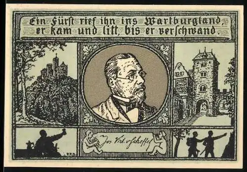 Notgeld Eisenach 1921, 50 Pfennig, Porträt eines Mannes mit Wartburg und Stadtansicht, Text zu Ehren der Eisenacher
