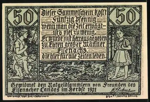 Notgeld Eisenach 1921, 50 Pfennig, Porträt eines Mannes mit Wartburg und Stadtansicht, Text zu Ehren der Eisenacher