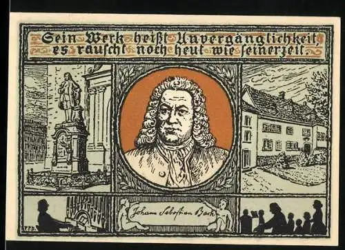 Notgeld Eisenach 1921, 50 Pfennig, Johann Sebastian Bach Porträt und Denkmal, gewidmet den Notgeldsammlern von Eisenach