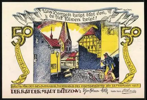 Notgeld Bützow, 1922, 50 Pfennig, Reutergeld mit Stadtansicht und Spruchband