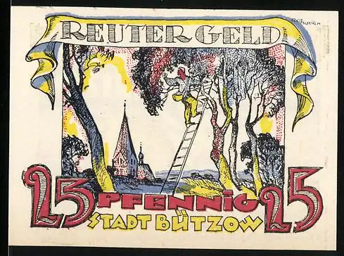 Notgeld Bützow, 1921, 25 Pfennig, farbige Illustrationen mit Landschaft und Ernteszene