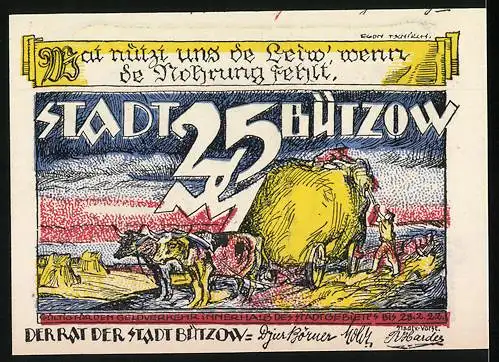 Notgeld Bützow, 1921, 25 Pfennig, farbige Illustrationen mit Landschaft und Ernteszene