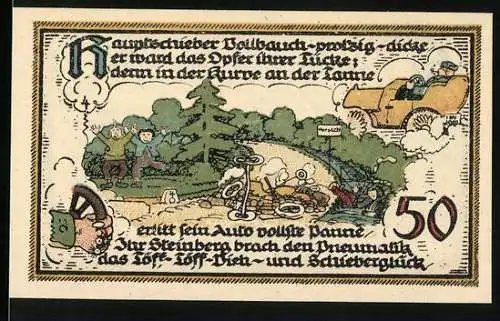 Notgeld Gatersleben, 1921, 50 Pfennig, humorvolle Szene mit Autopanne und Brand der See