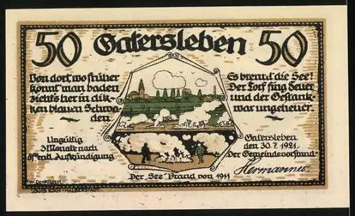 Notgeld Gatersleben, 1921, 50 Pfennig, humorvolle Szene mit Autopanne und Brand der See