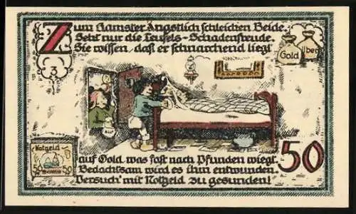 Notgeld Gatersleben 1921, 50 Pfennig, Illustration mit Bett und Gatersleber Kirche, humorvoller Text, 50 Pfund