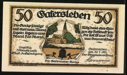 Notgeld Gatersleben 1921, 50 Pfennig, Illustration mit Bett und Gatersleber Kirche, humorvoller Text, 50 Pfund