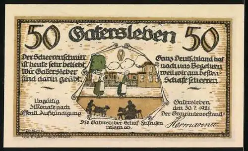 Notgeld Gatersleben 1921, 50 Pfennig, Konzertszene und Schafschererillustration