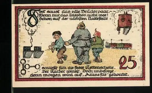 Notgeld Gatersleben, 1921, 25 Pfennig, Drei Menschen Silhouette und humorvolle Szene mit Männern und Telefon