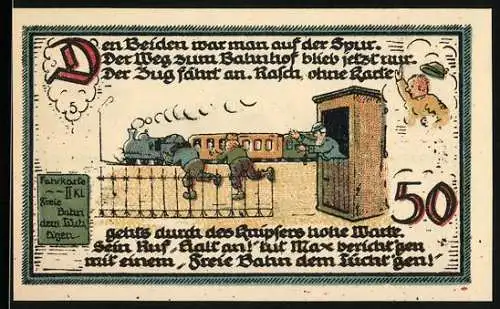 Notgeld Gatersleben, 1921, 50 Pfennig, Zug und Stadtwappen, humorvoller Text, Burgansicht und Text