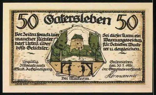 Notgeld Gatersleben, 1921, 50 Pfennig, Zug und Stadtwappen, humorvoller Text, Burgansicht und Text