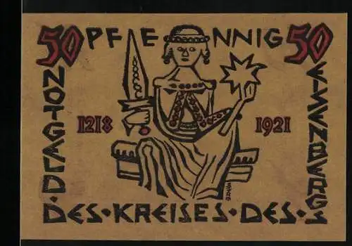 Notgeld Corbach 1921, 50 Pfennig, Kreis des Eisenbergs mit Abbildungen von Turm und Figur mit Schwert und Stern