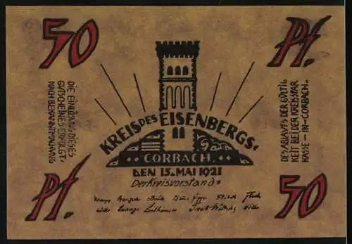 Notgeld Corbach 1921, 50 Pfennig, Kreis des Eisenbergs mit Abbildungen von Turm und Figur mit Schwert und Stern