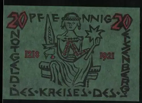 Notgeld Corbach 1921, 20 Pfennig, Kreis des Eisenbergs mit Burg und Justitia-Abbildung