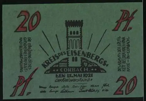 Notgeld Corbach 1921, 20 Pfennig, Kreis des Eisenbergs mit Burg und Justitia-Abbildung