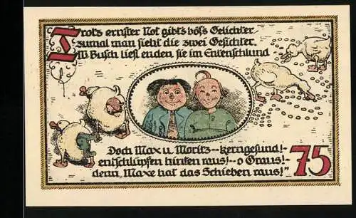 Notgeld Gatersleben, 1921, 75 Pfennig, Max und Moritz sowie Gaterslebener Warte und Bauer mit Schafen