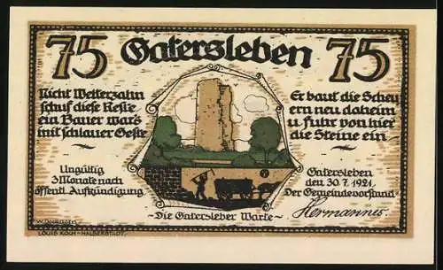 Notgeld Gatersleben, 1921, 75 Pfennig, Max und Moritz sowie Gaterslebener Warte und Bauer mit Schafen