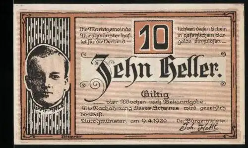 Notgeld Aurolzmünster, 1920, 10 Heller, Porträt und Landschaftsszene