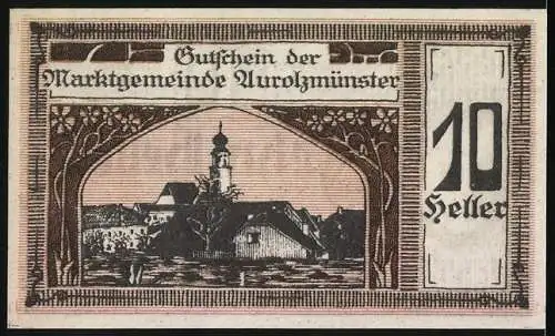 Notgeld Aurolzmünster, 1920, 10 Heller, Porträt und Landschaftsszene