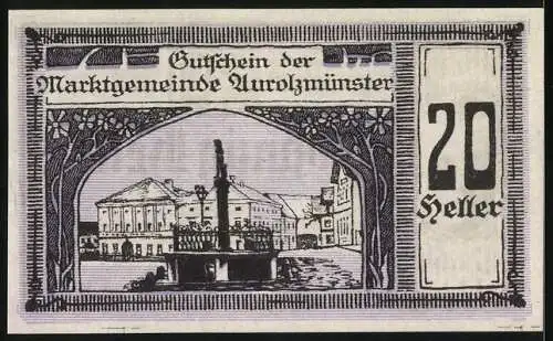 Notgeld Aurolzmünster, 1920, 20 Heller, Porträt und Stadtansicht mit Brunnen
