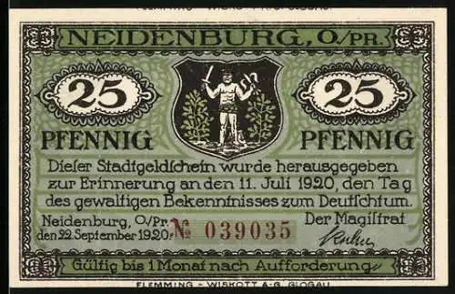 Notgeld Neidenburg 1920, 25 Pfennig, Arbeit ist des Bürgers Zierde Segen ist der Mühe Preis