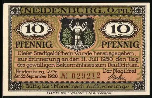 Notgeld Neidenburg 1920, 10 Pfennig, Arbeiter mit Hacke und Stadtansicht, gültig bis 1 Monat nach Aufforderung