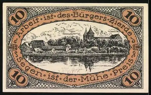 Notgeld Neidenburg 1920, 10 Pfennig, Arbeiter mit Hacke und Stadtansicht, gültig bis 1 Monat nach Aufforderung