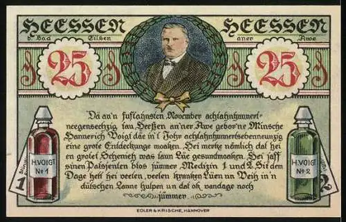 Notgeld Heessen 1921, 25 Pfennig, Erste Wirkungsstätte des Wunder-Doktors und H.Voigt Abbildung