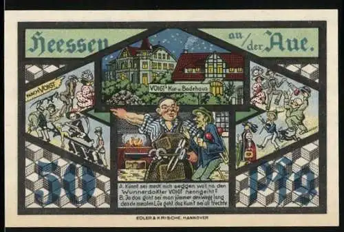 Notgeld Heessen an der Aue, 1921, 50 Pfennig, humorvolle Darstellung von Voigt und Tieren