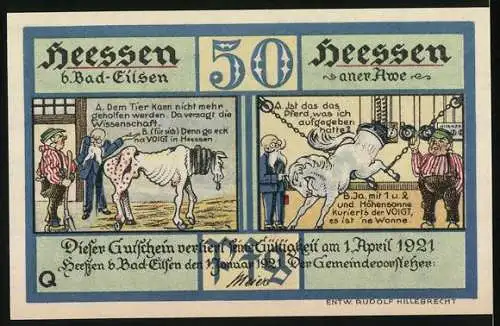 Notgeld Heessen an der Aue, 1921, 50 Pfennig, humorvolle Darstellung von Voigt und Tieren