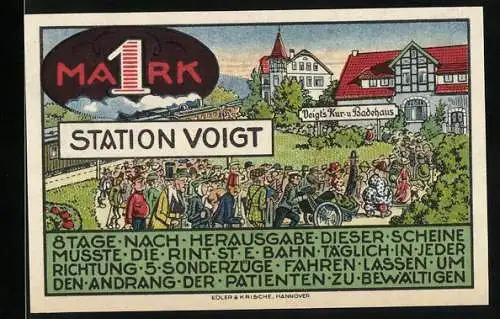 Notgeld Heessen / Bad Eilsen, 1921, 1 Mark, Station Voigt und Landschaft mit Sonne und Menschen