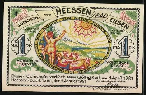 Notgeld Heessen / Bad Eilsen, 1921, 1 Mark, Station Voigt und Landschaft mit Sonne und Menschen