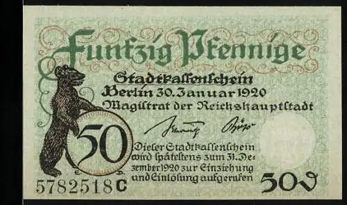 Notgeld Berlin 1920, 50 Pfennig, Stadt-Kassenschein mit Bärenmotiv und Sicherheitswarnung