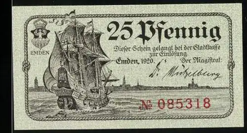 Notgeld Emden, 1920, 25 Pfennig, Segelschiff und Hafentor-Szene