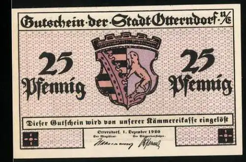 Notgeld Otterndorf 1920, 25 Pfennig, Wappen und Hafenansicht mit Booten