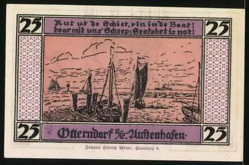 Notgeld Otterndorf 1920, 25 Pfennig, Wappen und Hafenansicht mit Booten