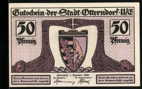 Notgeld Otterndorf, 1920, 50 Pfennig, Stadtwappen und Innenhafen-Ansicht