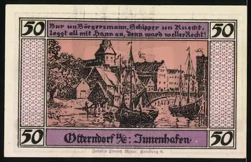 Notgeld Otterndorf, 1920, 50 Pfennig, Stadtwappen und Innenhafen-Ansicht