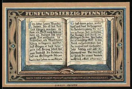 Notgeld Glogau, 75 Pfennig, Stadtbank Glogau mit Hungerturm und lateinischer Handschrift