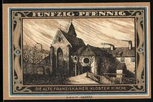 Notgeld Glogau, 50 Pfennig, Alte Franziskaner Klosterkirche und heilige Figuren der Stadtbank Glogau