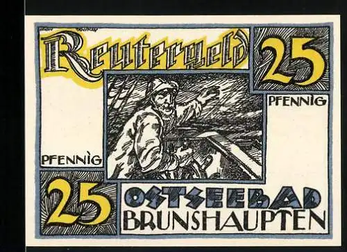 Notgeld Ostseebad Brunshaupten, 1922, 25 Pfennig, Motiv mit Fischer und Wälder