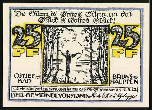 Notgeld Ostseebad Brunshaupten, 1922, 25 Pfennig, Motiv mit Fischer und Wälder