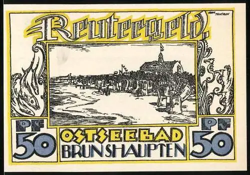 Notgeld Ostseebad Brunshaupten, 1922, 50 Pf, Reutergeld mit Küstenlandschaft und Badegästen